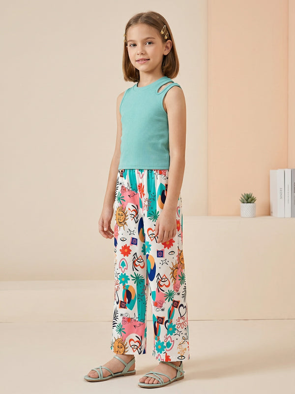 Girls Teal Sleeveless Top & Multicolor Printed Wide Leg Pants Set