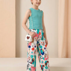 Girls Teal Sleeveless Top & Multicolor Printed Wide Leg Pants Set