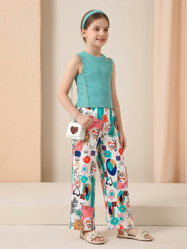 Girls Teal Sleeveless Top & Multicolor Printed Wide Leg Pants Set