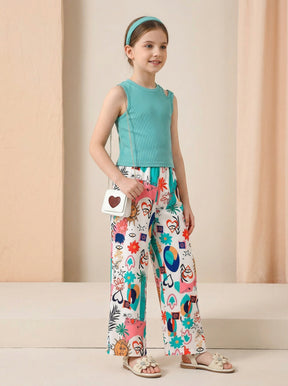 Girls Teal Sleeveless Top & Multicolor Printed Wide Leg Pants Set