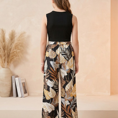 Girls Black Sleeveless Ribbed Top & Tropical Leaf Printed Wide Leg Pants Set