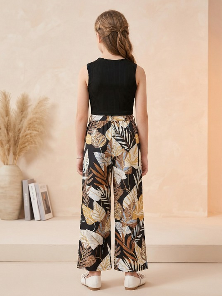 Girls Black Sleeveless Ribbed Top & Tropical Leaf Printed Wide Leg Pants Set
