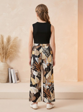 Girls Black Sleeveless Ribbed Top & Tropical Leaf Printed Wide Leg Pants Set