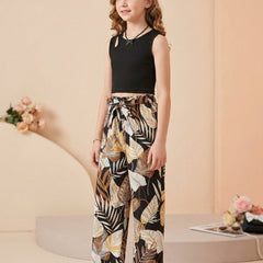 Girls Black Sleeveless Ribbed Top & Tropical Leaf Printed Wide Leg Pants Set