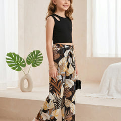 Girls Black Sleeveless Ribbed Top & Tropical Leaf Printed Wide Leg Pants Set