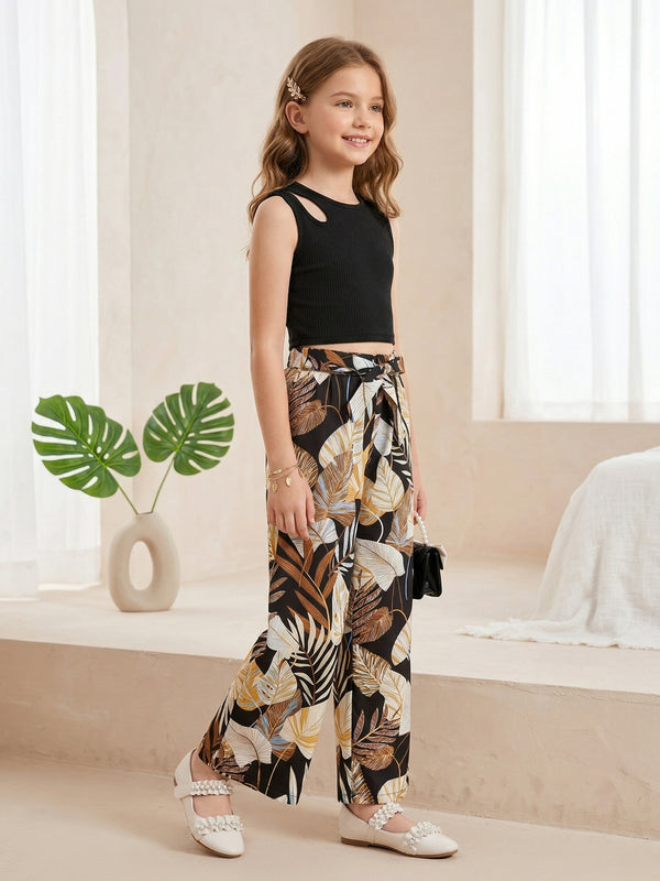 Girls Black Sleeveless Ribbed Top & Tropical Leaf Printed Wide Leg Pants Set