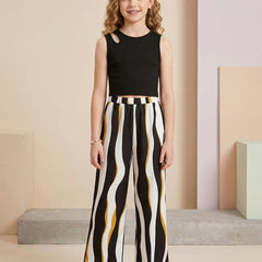 Girls Black Sleeveless Ribbed Top & Striped Wide Leg Pants Set