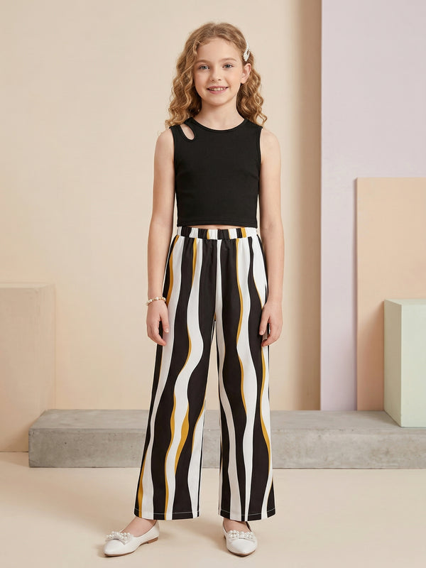 Girls Black Sleeveless Ribbed Top & Striped Wide Leg Pants Set