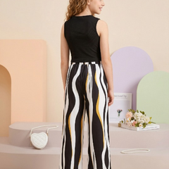 Girls Black Sleeveless Ribbed Top & Striped Wide Leg Pants Set