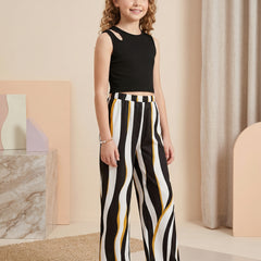 Girls Black Sleeveless Ribbed Top & Striped Wide Leg Pants Set