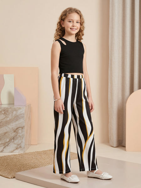 Girls Black Sleeveless Ribbed Top & Striped Wide Leg Pants Set