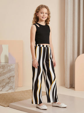 Girls Black Sleeveless Ribbed Top & Striped Wide Leg Pants Set