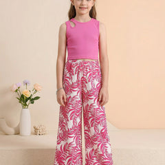 Girls Pink Sleeveless Ribbed Top & Tropical Leaf Printed Wide Leg Pants Set