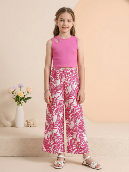 Girls Pink Sleeveless Ribbed Top & Tropical Leaf Printed Wide Leg Pants Set
