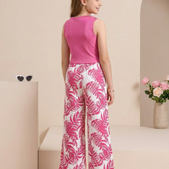 Girls Pink Sleeveless Ribbed Top & Tropical Leaf Printed Wide Leg Pants Set