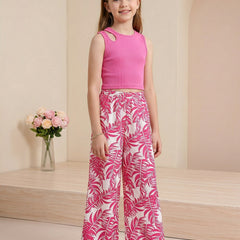 Girls Pink Sleeveless Ribbed Top & Tropical Leaf Printed Wide Leg Pants Set