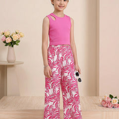 Girls Pink Sleeveless Ribbed Top & Tropical Leaf Printed Wide Leg Pants Set