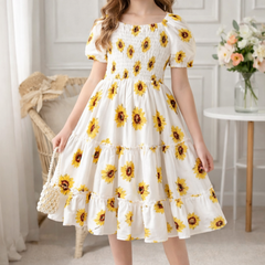 Girls White Sunflower Print Smocked Tiered Midi Dress with Puff Sleeves