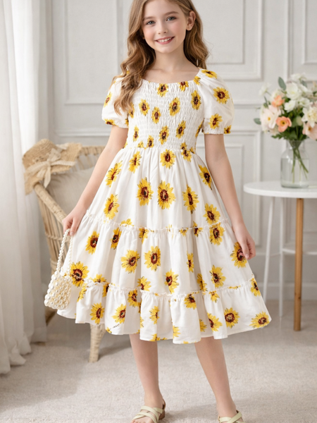 Girls White Sunflower Print Smocked Tiered Midi Dress with Puff Sleeves