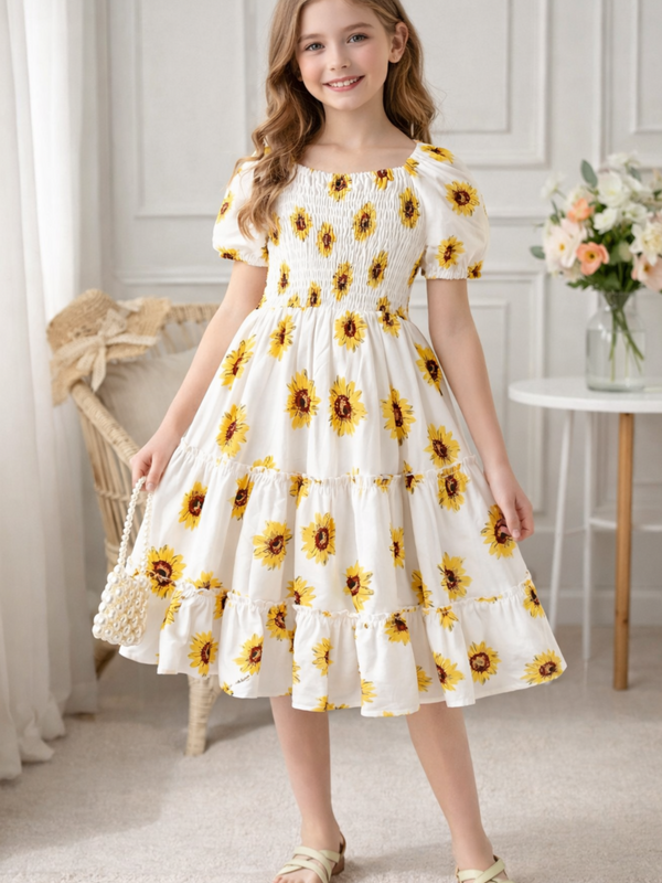 Girls White Sunflower Print Smocked Tiered Midi Dress with Puff Sleeves
