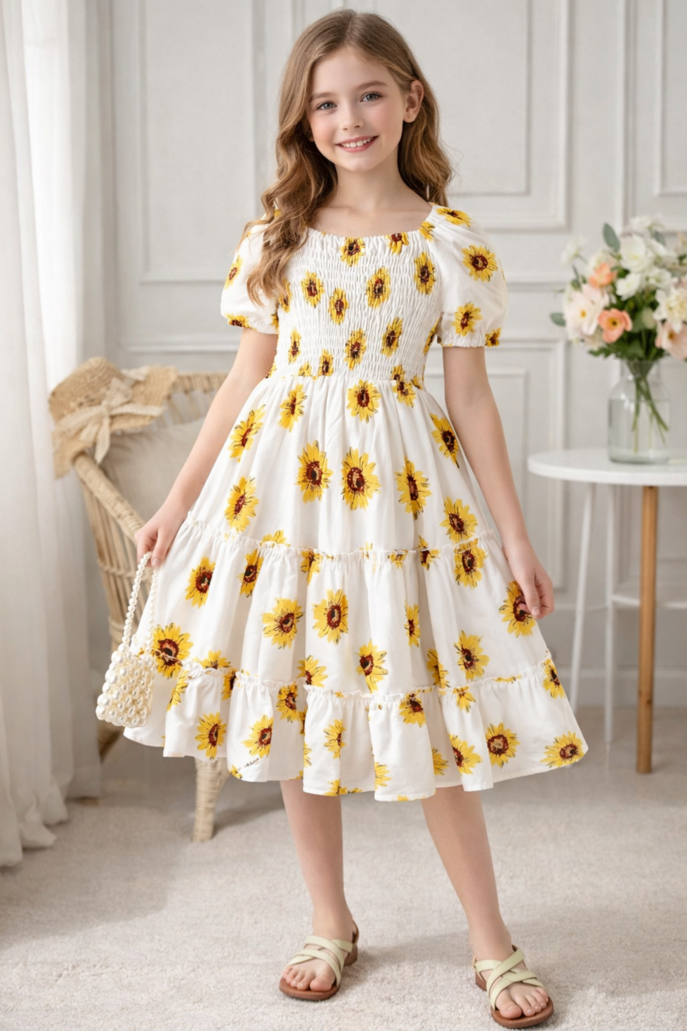 Girls White Sunflower Print Smocked Tiered Midi Dress with Puff Sleeves