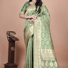 Elegant Green Silk Saree with Silver Zari Work - Handwoven Indian Sari for Weddings, Festivals & Special Occasions