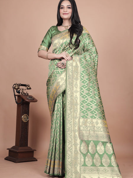 Elegant Green Silk Saree with Silver Zari Work - Handwoven Indian Sari for Weddings, Festivals & Special Occasions