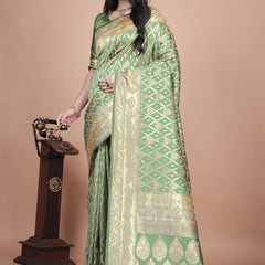 Elegant Green Silk Saree with Silver Zari Work - Handwoven Indian Sari for Weddings, Festivals & Special Occasions