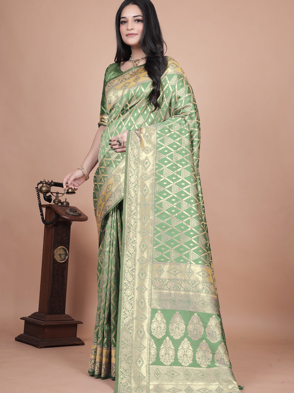 Elegant Green Silk Saree with Silver Zari Work - Handwoven Indian Sari for Weddings, Festivals & Special Occasions