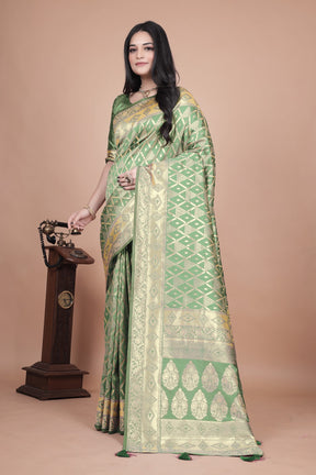 Elegant Green Silk Saree with Silver Zari Work - Handwoven Indian Sari for Weddings, Festivals & Special Occasions