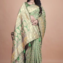 Elegant Green Silk Saree with Silver Zari Work - Handwoven Indian Sari for Weddings, Festivals & Special Occasions