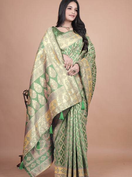 Elegant Green Silk Saree with Silver Zari Work - Handwoven Indian Sari for Weddings, Festivals & Special Occasions