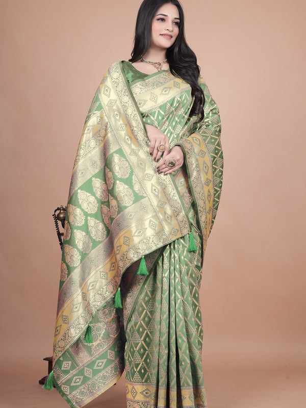 Elegant Green Silk Saree with Silver Zari Work - Handwoven Indian Sari for Weddings, Festivals & Special Occasions