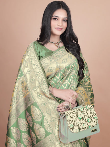 Elegant Green Silk Saree with Silver Zari Work - Handwoven Indian Sari for Weddings, Festivals & Special Occasions