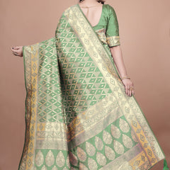 Elegant Green Silk Saree with Silver Zari Work - Handwoven Indian Sari for Weddings, Festivals & Special Occasions