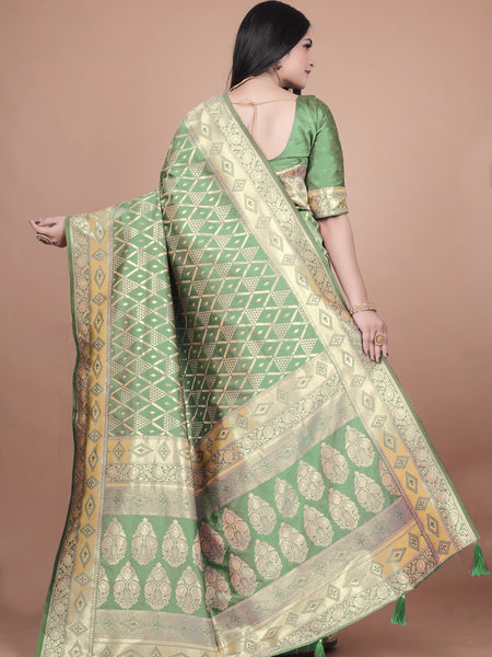 Elegant Green Silk Saree with Silver Zari Work - Handwoven Indian Sari for Weddings, Festivals & Special Occasions