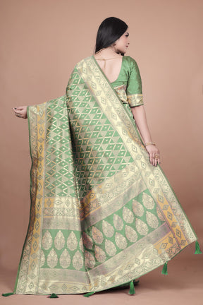 Elegant Green Silk Saree with Silver Zari Work - Handwoven Indian Sari for Weddings, Festivals & Special Occasions