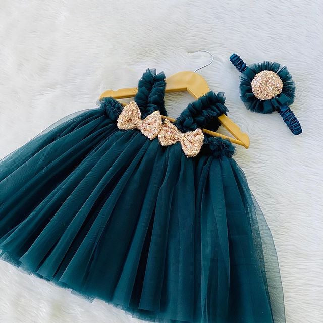 Teal Net Sequence Bow Baby Frock