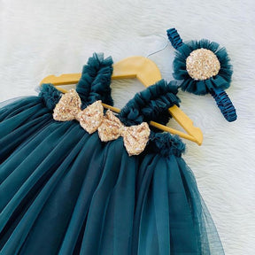 Teal Net Sequence Bow Baby Frock