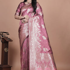 Regal Pink Banarasi Silk Saree with Detailed Zari Work and Peacock Design