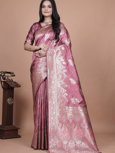 Regal Pink Banarasi Silk Saree with Detailed Zari Work and Peacock Design