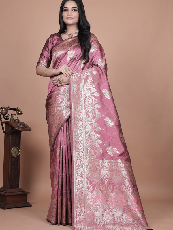 Regal Pink Banarasi Silk Saree with Detailed Zari Work and Peacock Design