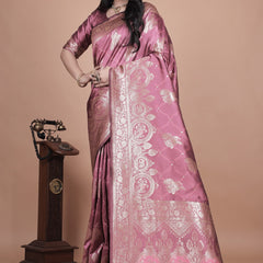 Regal Pink Banarasi Silk Saree with Detailed Zari Work and Peacock Design