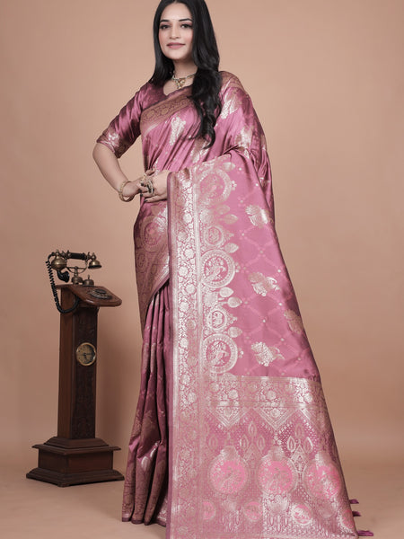 Regal Pink Banarasi Silk Saree with Detailed Zari Work and Peacock Design