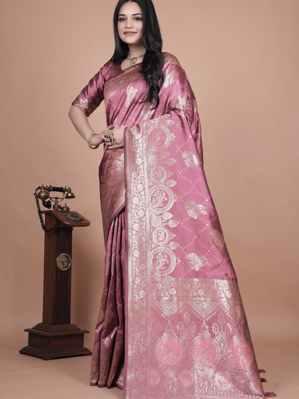 Regal Pink Banarasi Silk Saree with Detailed Zari Work and Peacock Design
