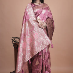 Regal Pink Banarasi Silk Saree with Detailed Zari Work and Peacock Design