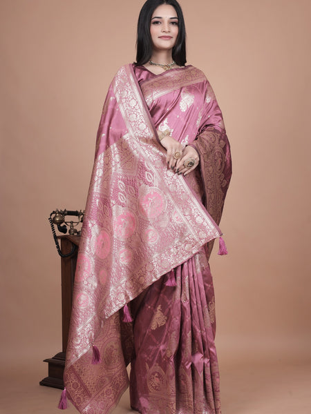 Regal Pink Banarasi Silk Saree with Detailed Zari Work and Peacock Design