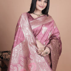 Regal Pink Banarasi Silk Saree with Detailed Zari Work and Peacock Design