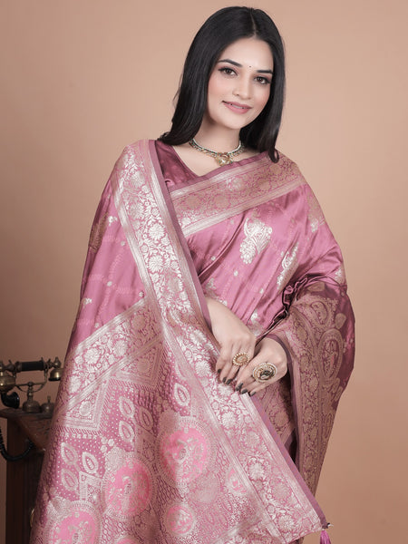 Regal Pink Banarasi Silk Saree with Detailed Zari Work and Peacock Design