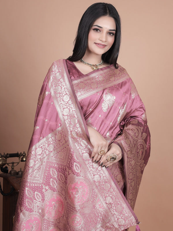 Regal Pink Banarasi Silk Saree with Detailed Zari Work and Peacock Design